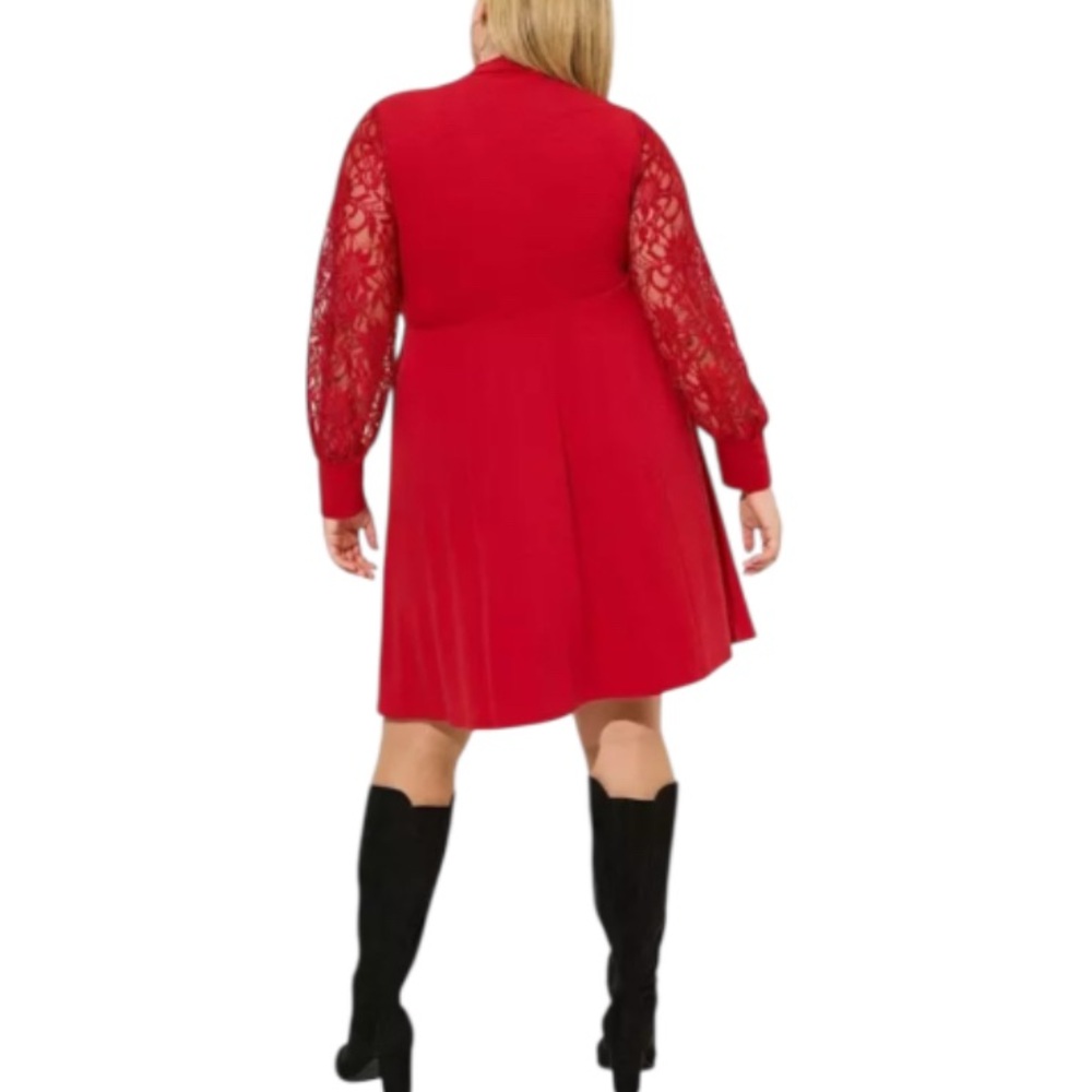 Torrid Red Lace Sleeve Mock Neck Skater Dress Plus Size 3X NWT Knee Length - Picture 4 of 6